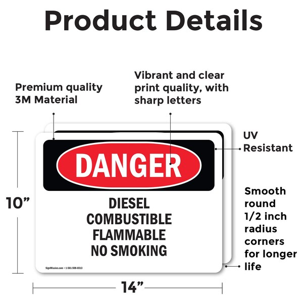 Diesel Combustible Flammable No Smoking Danger Sign, Vinyl Decal, 14in W X 10in L, 2PK